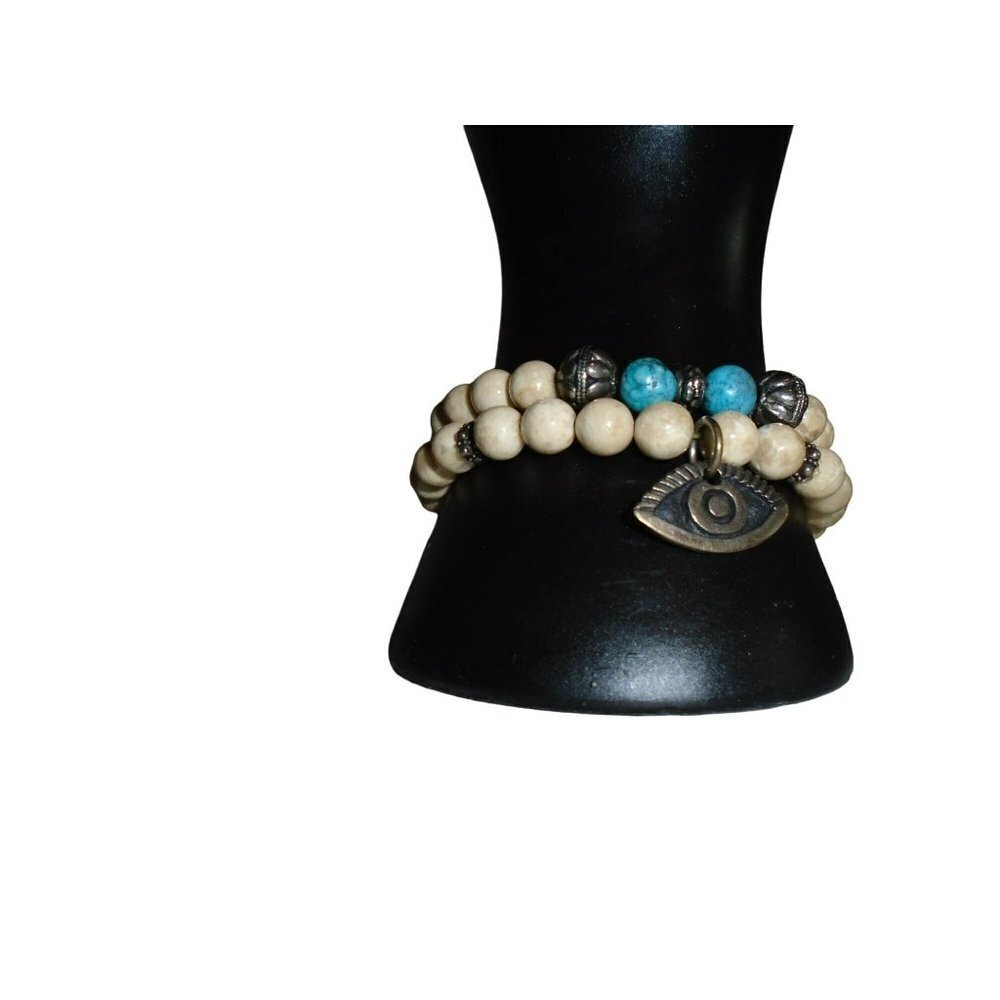 Handmade Vintage Set of 2 Natural Stone Stretch Bracelets -Evil Eye Symbol